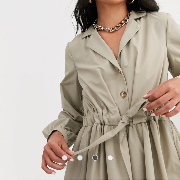 NEW button through mini cotton shirt dress with ruched waist - Picture 2 of 7